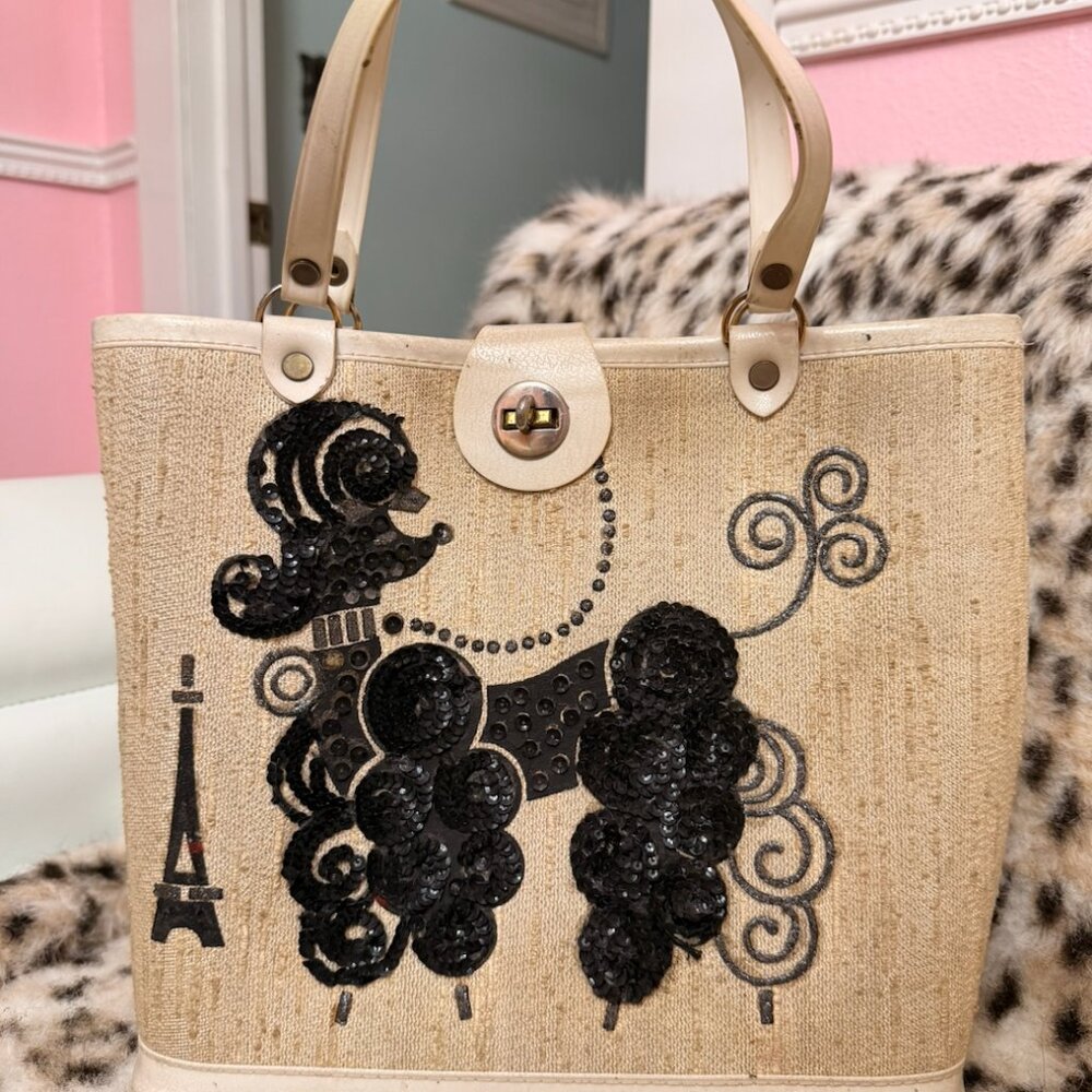 1960s VINTAGE Paris Sequined Poodle Enid Collins Style Bucket HandBag MCM Pinup